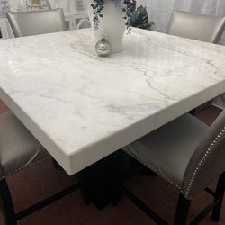 Counter-Height Marble Dining Table and 4 Upholstered Stools