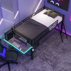 NEW Black Metal Gaming Style Full Size Loft Bed with Built-in Wood Tabletop, LED Light, Vented Mesh Undercarriage Storage