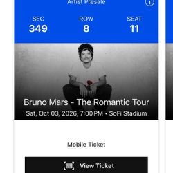 Sofi Stadium LA Bruno Mars The Romantic Tour, Transfer ready 6x tickets Mid Level NO OBSTRUCTION