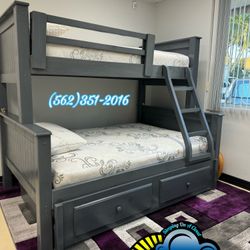 Twin Full Bunk Bed Grey With Mattresses Trundle