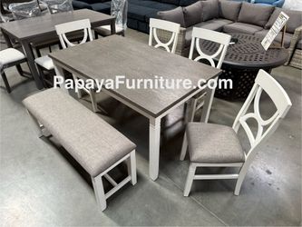 New! 6pcs Dining Set, Wooden Dining Set, Table And Chairs, Dinette Set, Table Bench, White and Gray Farmhouse Casual Contemporary Modern Designer Cute