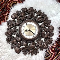 Vintage 1960s Mid Century Syroco Clock Faux Wooden Clock Harvest Flower Fruit Clock