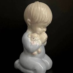 Vintage Enesco Porcelain Electric Night Light Boy Praying Holding Teddy Bear