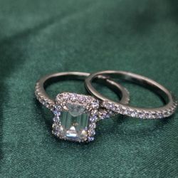 VVS D Moissanite Emerald Cut Halo Bridal Set 925 Sterling Silver Pave Band Ring