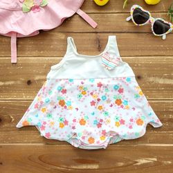 0-3MOS MULTICOLOR FLORAL SCALLOPED HEM SKIRTING & STRIPED BUILT-IN UNDIE SWIMWEAR