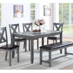 Gray Dining Table Set With 4 Chairs And A Bench 