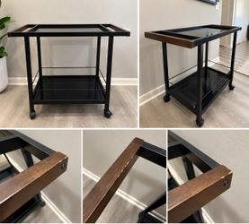 Modern Black Glass & Wood Cart on Wheels