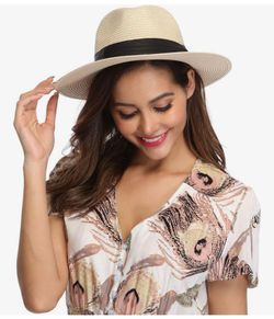 Women Wide Brim Straw Panama Roll up Hat Fedora Beach Sun Hat UPF50+