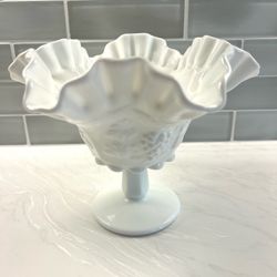 Pristine Vintage Westmoreland Milk Glass Paneled Grape Ruffled Pedestal Compote Dish