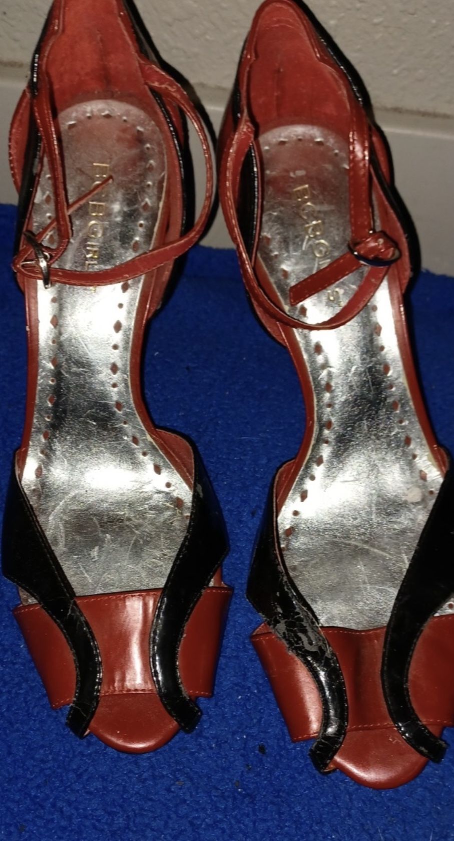NEW BCBG GIRLS RED AND BLACK PEEP TOE ANKLE STRAP STILETTOS