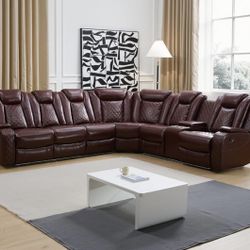 Power Electric Brown Leather Fully Reclining Sectional Couch 
