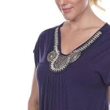 WHITE MARK Top Navy Blue Beaded Short Sleeve V Neck Handkerchief Hem Size 2X EUC