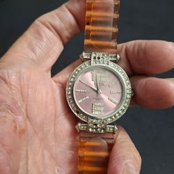 E-Tech Quartz Ladies Watch Adorned W/Rhinestones Inside & Out Pink Dial W/Silicone Strap, Japan Movt New Battery Works Perfectly