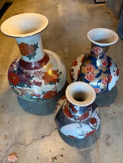 Set of 3 Asian Floral Ceramic Vases
