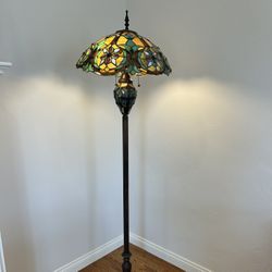 Vintage Tiffany-Style Light Victorian Double Lit Floor Lamp Leaded Stain Glass Slag Jeweled Vintage Cord Bent Shade Collectible Art Glass 