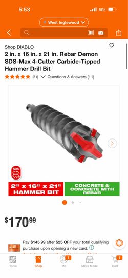 DIABLO 2 in. x 16 in. x 21 in. Rebar Demon SDS-Max 4-Cutter Carbide-Tipped Hammer Drill Bit