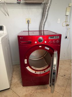 LG front-load electric dryer, model LG DLEX2650R (red / “TrueSteam” series).