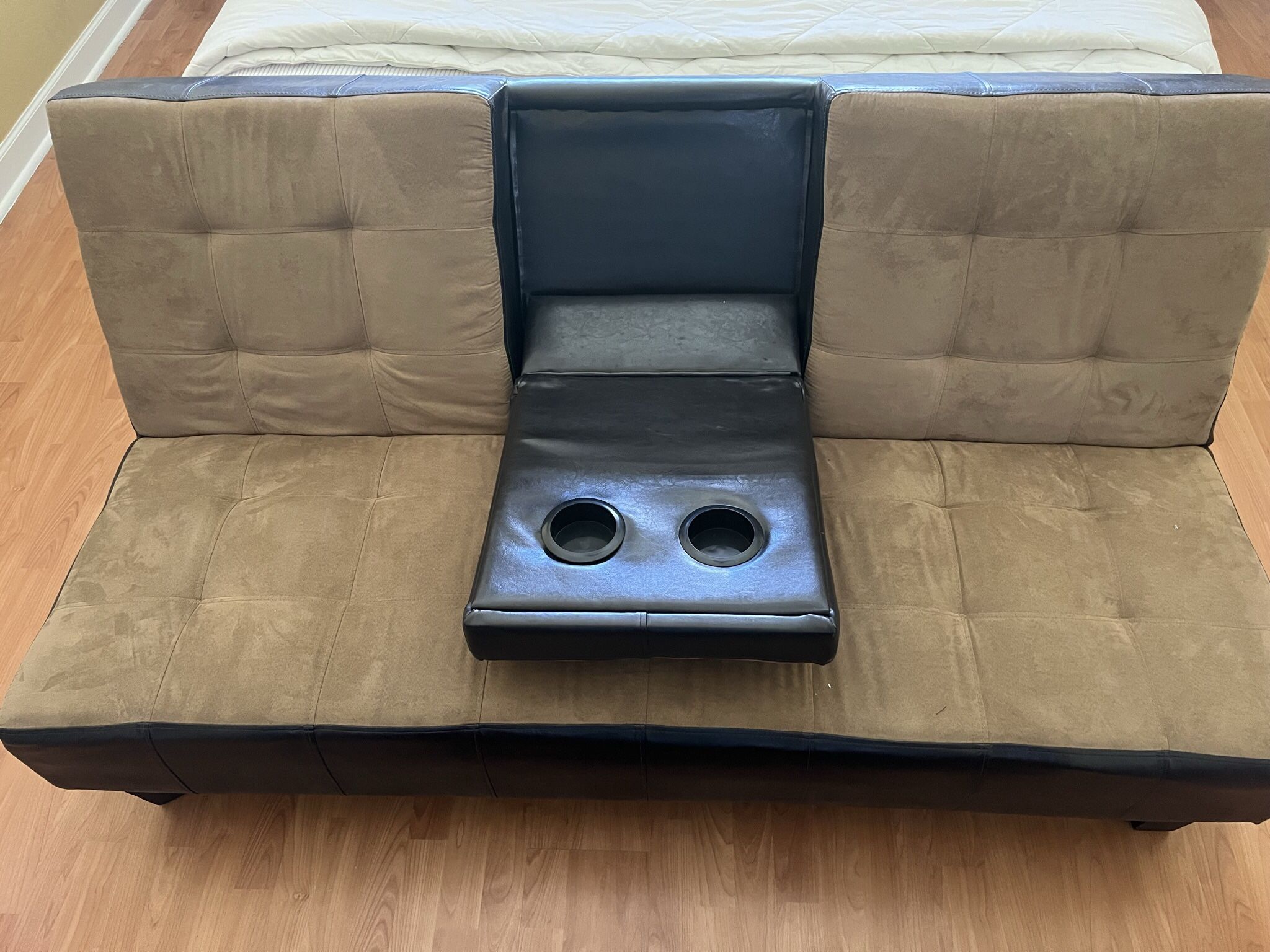 FUTON - Brown & Baige, Leather Back/Suade Front,  TwoCup Holders, extends: H14/28”, W43”, L69”, Gently Used/like New