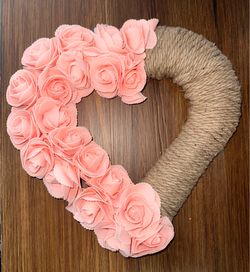 Cute Pink Rose Heart Wall Door Wreath Ready to Hang Handmade Home Decor Gift