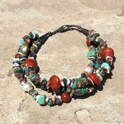 natural turqoise and agate 3 strand silver bracelet