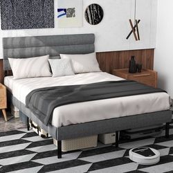 Queen Bed Frame with Linen Upholstered Headboard, Metal Platform Bed Frame Queen Size with 14" Underbed Storage, Metal Slats Support, Noise Free, No B
