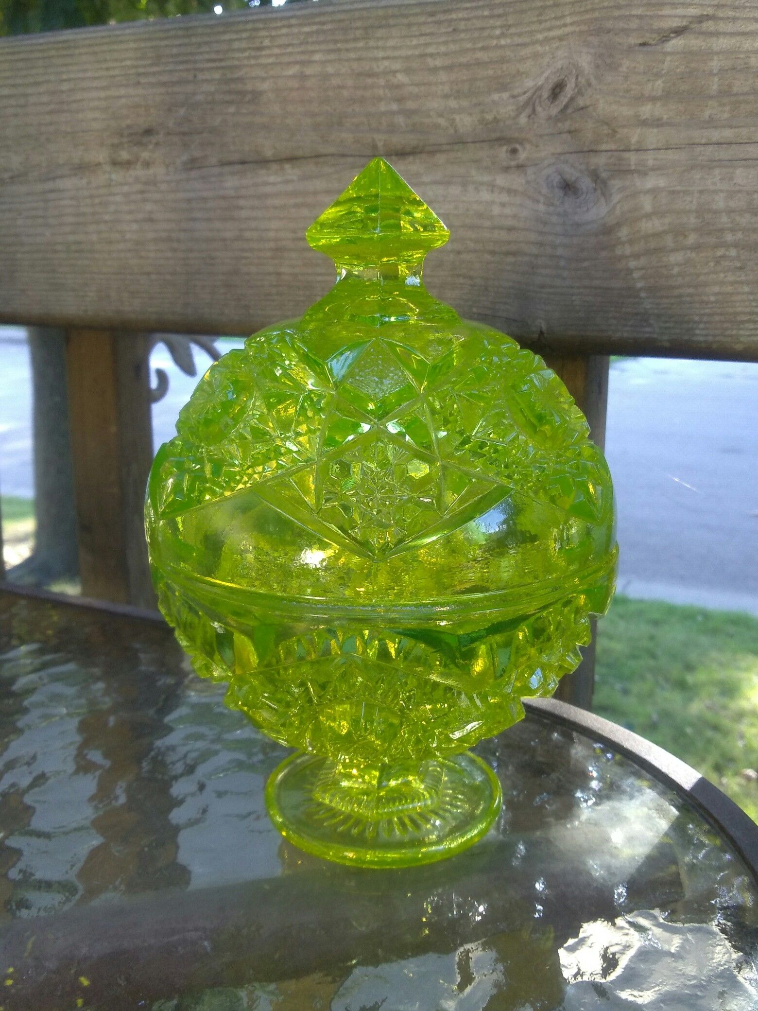 Vintage Yellow Green Glass Candy Dish With Lid