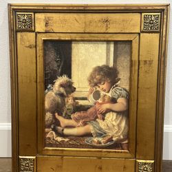 Little Girl With Her Dog Wood Framed Picture 
