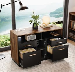 4 Drawer File Cabinet, Wood Filing Cabinet for Home Office with Lock, Power Strip, Storage Shelves, Home Office Lateral File Storage Fits Legal/Letter