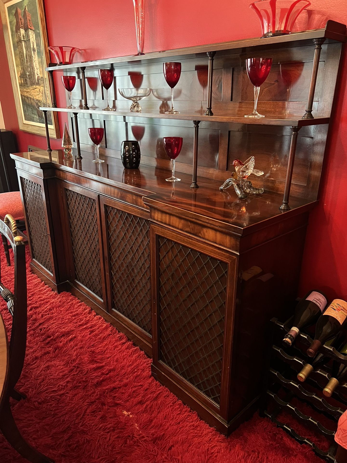 Antique Regency Revival Mahogany Breakfront Sideboard & Hutch | Diamond Grille Cabinet | 78” Wide