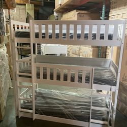 Triple bunk bed. Available in white & espresso. Assembly required. Assembly not included. Taxes included. Free delivery.  Bunk bed only-$450 Bunk bed 