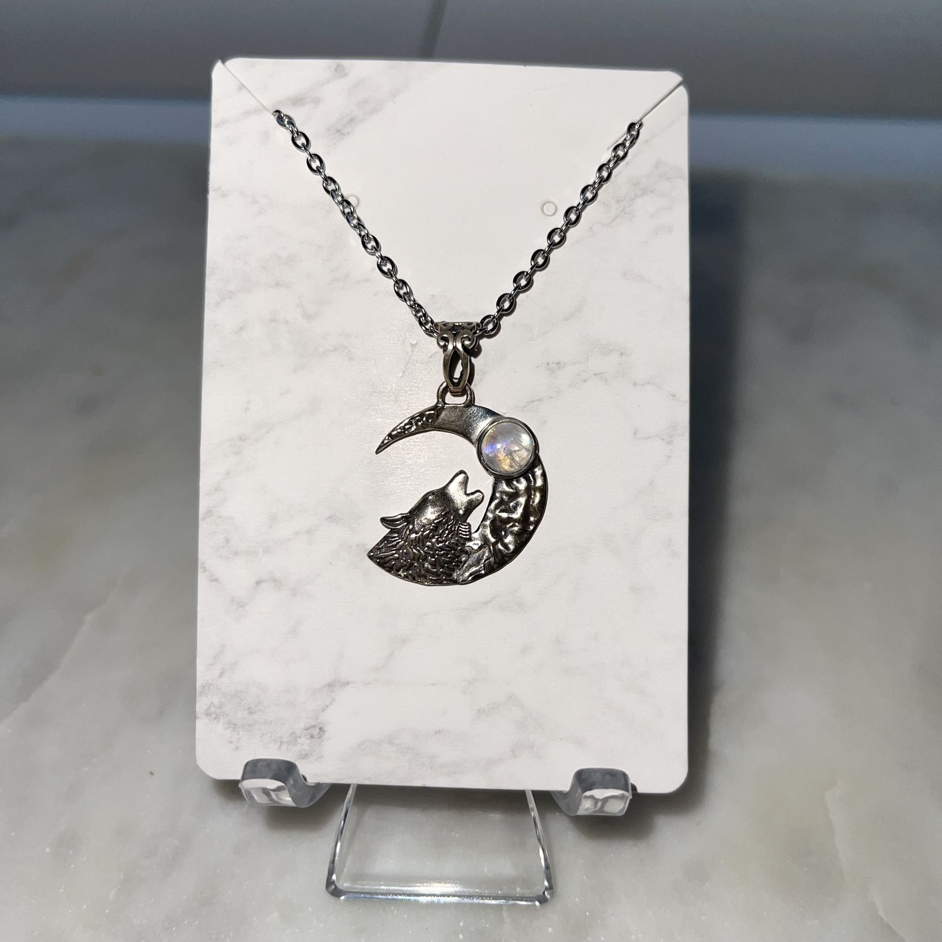 Moonstone Wolf & Crescent Moon Pendant Sterling Silver 
