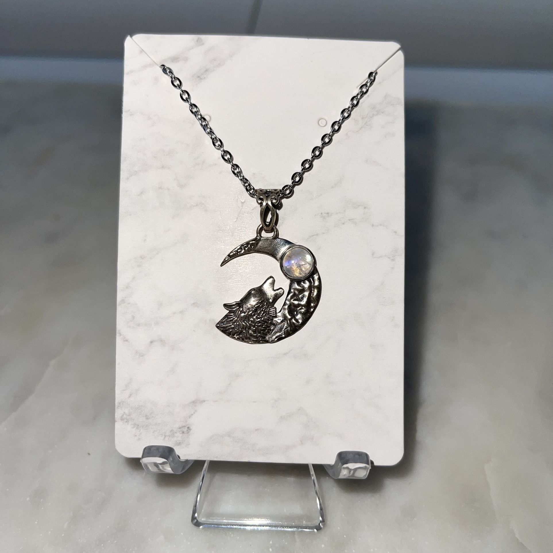 Moonstone Wolf & Crescent Moon Pendant Sterling Silver
