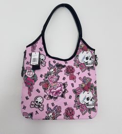Ed Hardy Pink Skull & Rose Print Tote Bag