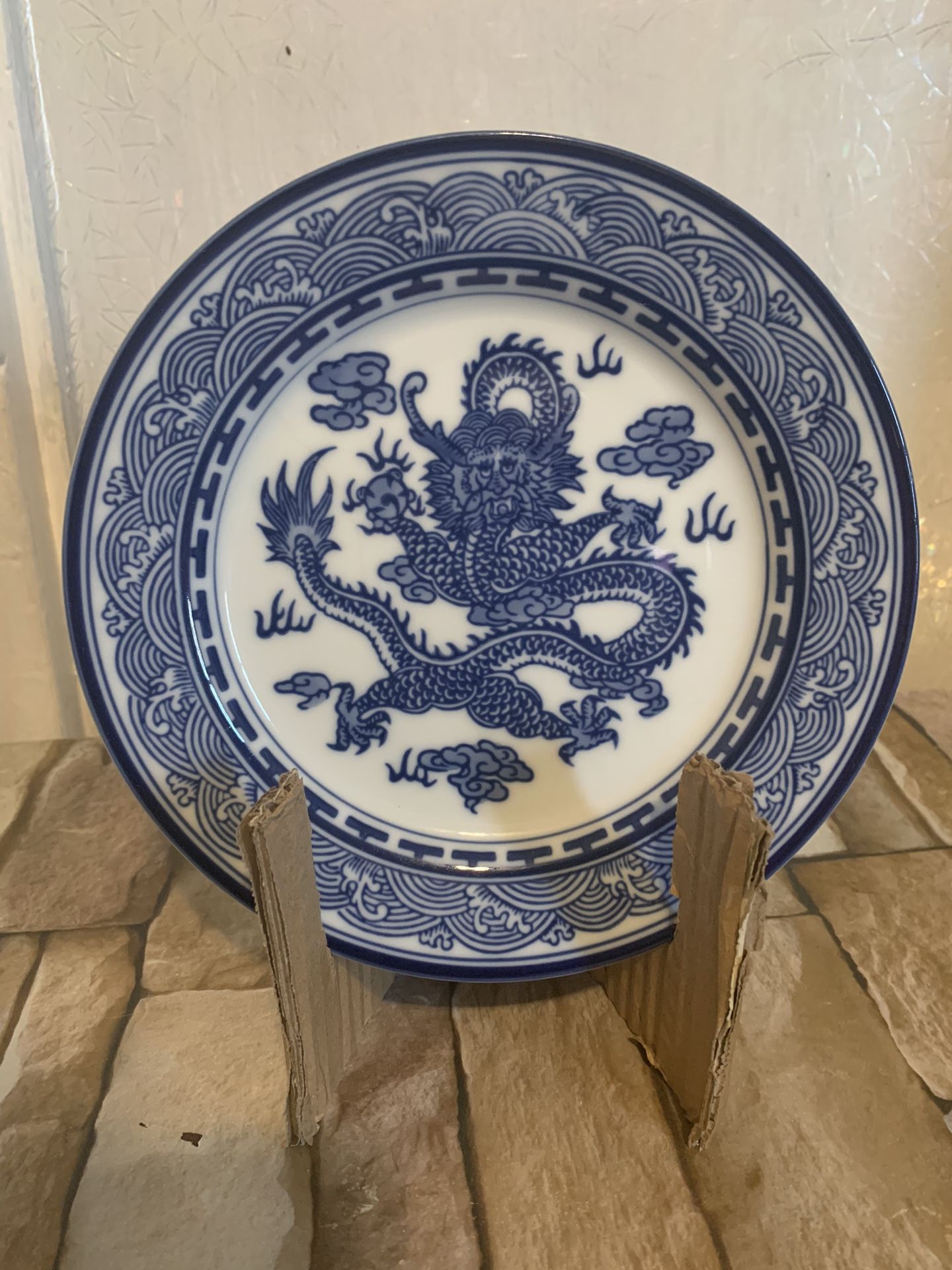 2x Bombay Company Chinese Asian Dragon Ceramic Blue White Salad Plates 8"