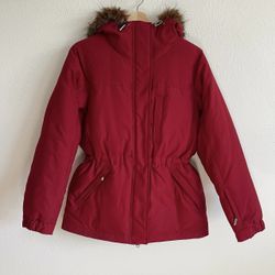 LAUREN RALPH LAUREN Red Down Fill Faux Fur Hood Cinch Waist Puffer Winter Jacket