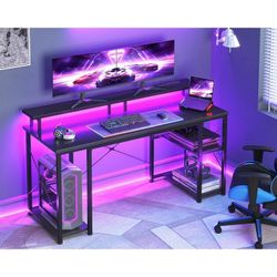 55 Inches Gaming Desk with LED Lights, Computer Desk with Monitor Stand, Pc Table with CPU Stand, Carbon Fiber Black