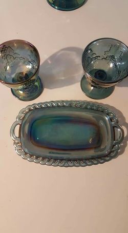 vintage blue carnival glass cream/ sugar and plate