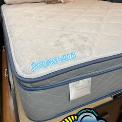 Queen Grey Pillowtop Mattress And Box Spring Bed Set New Cama 