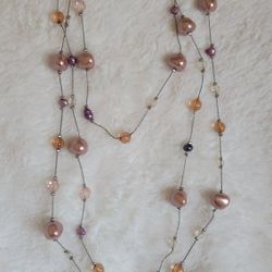 Beautiful long beaded necklace with metal chain, natural pink pearls and plastic beads, 64 inch, like new.