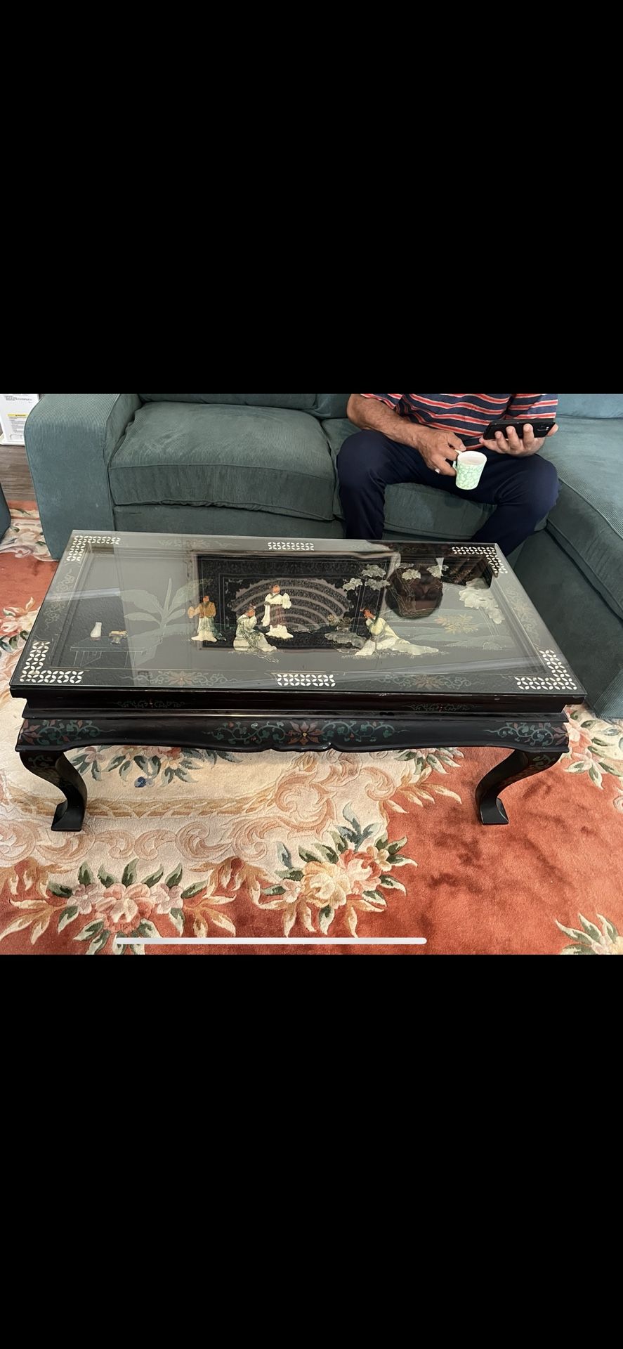 Asian Black Coffee Table Top Glass Oyster Shell