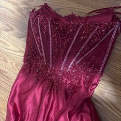 Burgundy Beaded Corset Formal Gown