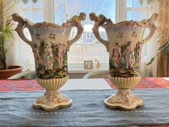 Vintage Italian Capodimonte Raised Porcelain Ornate Vase Cherubs Lot of 2 Vases Mid-Century Modern MCM Antique Vase Made In Italy Renaissance 1940’s 