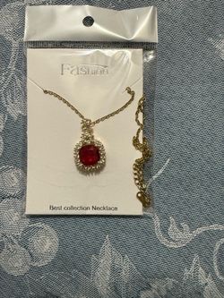 Gold-Tone Red Stone Pendant Necklace
