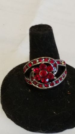 Ruby Red Crystal Ring Silver Tone