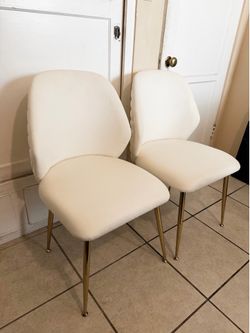 Modern Dining Chair Set (2) – White Fabric + Gold Metal Legs