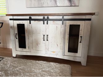 White distressed TV console