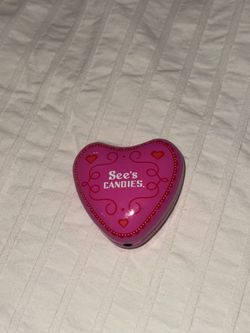 See's Candies Be My Valentine Heart-Shaped Pink Tin Advertising Container