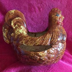 Vintage Ceramic Oversized He. Chicken Pot Planter 13” x 13” x 10”