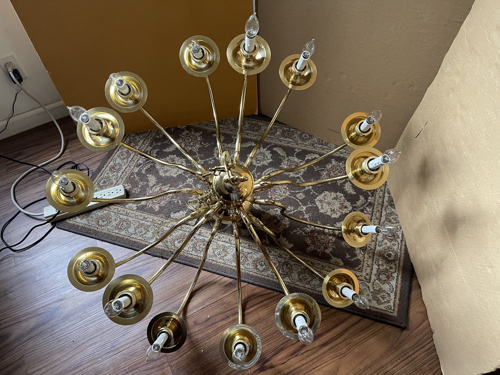 Polished Brass Chandelier Two Tier 15 Arm 36”D X 31”H & Chain 29”L (Very Heavy) $90 Firm On Price