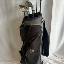 Complete set men’s RH Vectra golf clubs in an MG Golf cart bag